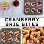 Pinterest pin with text "Cranberry Brie Bites", image of a platter of cranberry brie bites garnished with fresh rosemary.