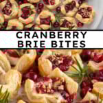 Pinterest pin with text "Cranberry Brie Bites", image of a platter of cranberry brie bites garnished with fresh rosemary.