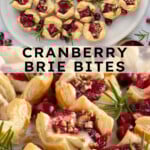Pinterest pin with text "Cranberry Brie Bites", image of a platter of cranberry brie bites garnished with fresh rosemary.