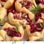 Pinterest pin with text "Cranberry Brie Bites", image of a platter of cranberry brie bites garnished with fresh rosemary.