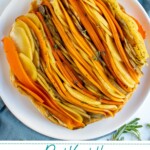 Pinterest Pin with text overlay "Root Vegetable Tarte Tatin", image showing a colorful savory tarte tatin with lines of root vegetables displayed on a plate.