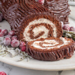 Pinterest pin with logo "the Schmidty wife", image of a chocolate yule log cake showing a rolled up inside.