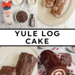 Pinterest pin with text overlay "Yule Log Cake", image of a chocolate roll up cake with whipped filling and a chocolate ganache frosting that looks like tree bark.