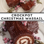 Pinterest pin with text overlay "Yule Log Cake", image of a chocolate roll up cake with whipped filling and a chocolate ganache frosting that looks like tree bark.
