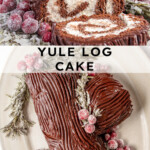 Pinterest pin with text overlay "Yule Log Cake", image of a chocolate roll up cake with whipped filling and a chocolate ganache frosting that looks like tree bark.
