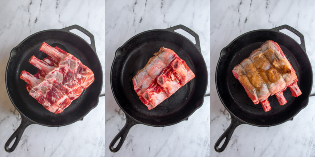 Collage showing the standing rib roast being seared on a cast iron skillet.