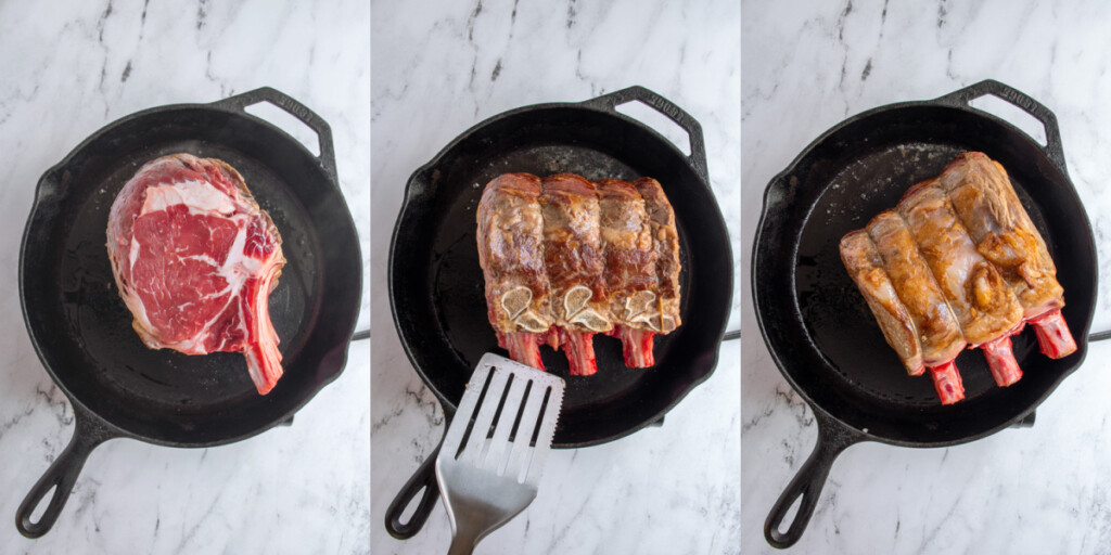 Collage showing the standing rib roast being seared on three sides.