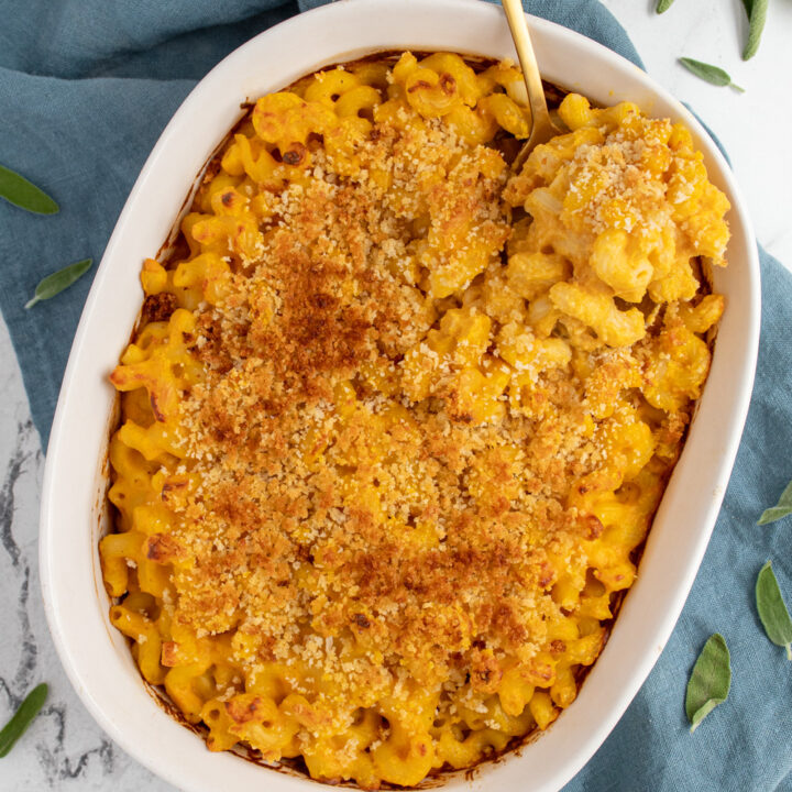 Overhead view of a white casserole dish filled with pumpkin Mac and cheese and topped with golden breadcrumbs.