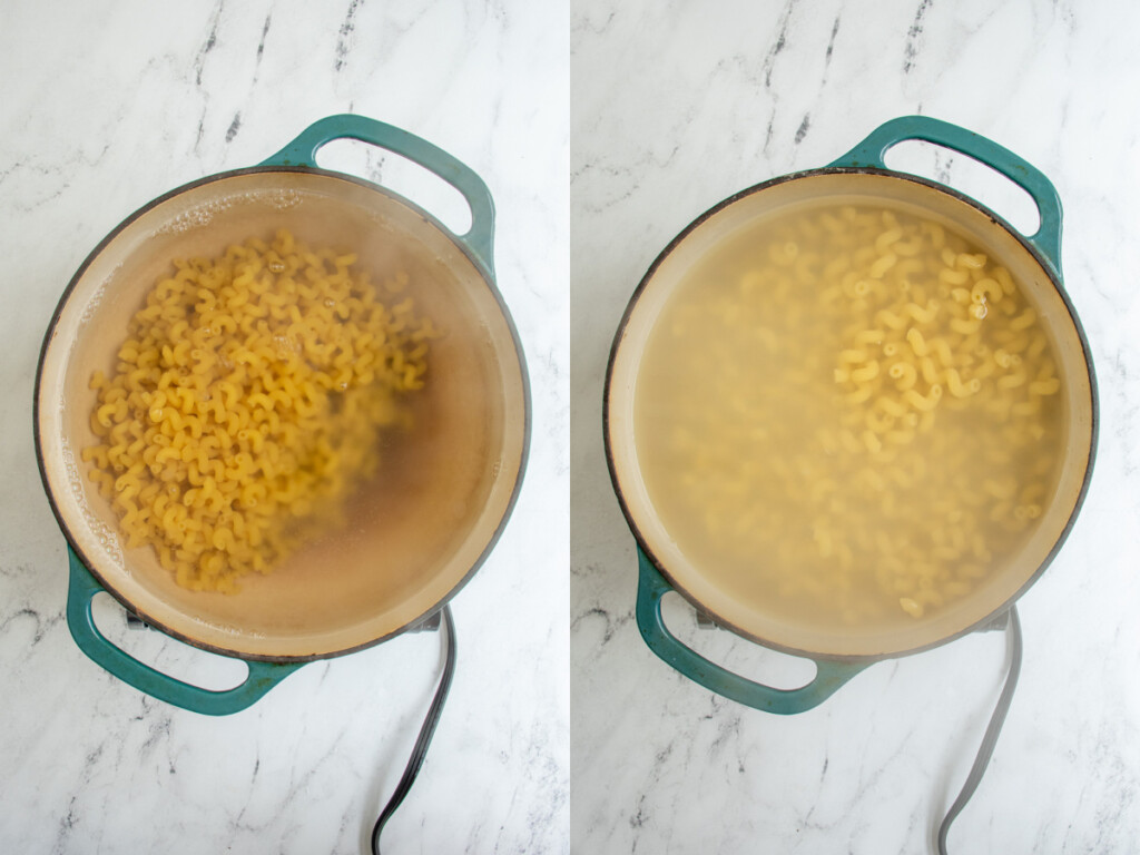 Overhead view of a dutch oven pot filled with boiling water and pasta.