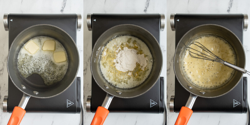 A collage showing the first steps to making pumpkin cheese sauce for Mac and cheese showing melting butter in a sauce pan and then adding flour and whisking together.