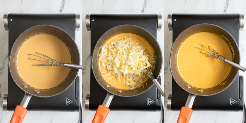 Collage showing the steps to making pumpkin cheese sauce for Mac and cheese with milk and pumpkin added and to the sauce pan and then cheese being slowly whisked in to make a sauce.