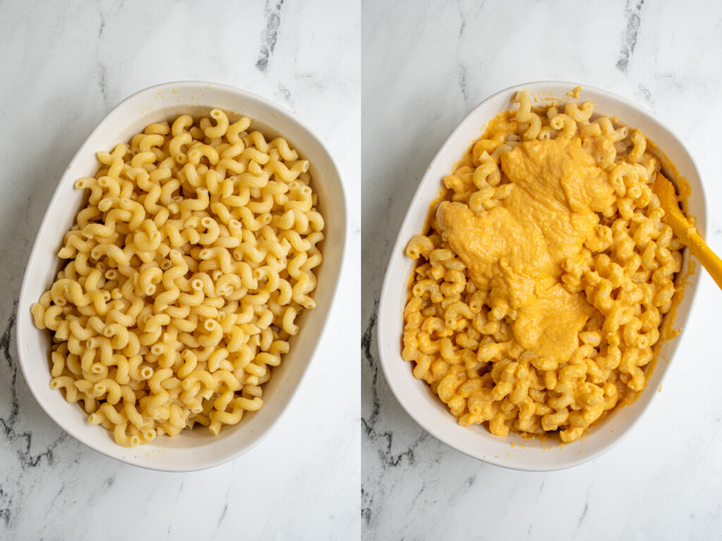 Collage showing the steps of adding the cooked pasta and pumpkin cheese sauce to the casserole dish to make Mac and cheese.