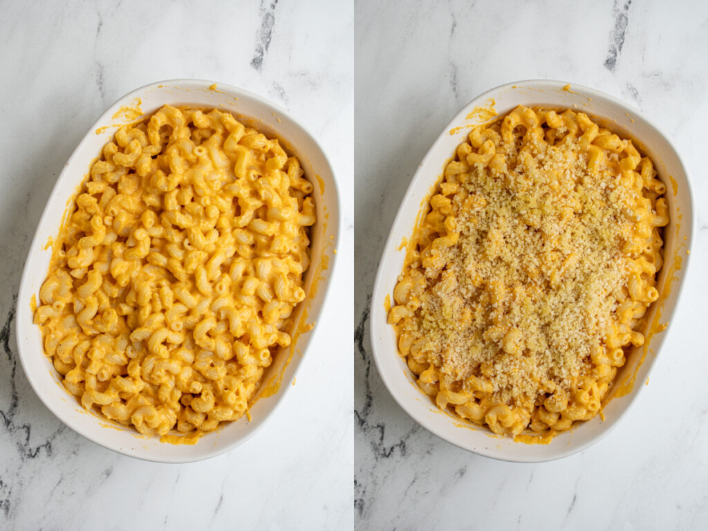 Collage showing the steps of making pumpkin Mac and cheese with the dish mixed together and the breadcrumbs added to the top ready to be baked.