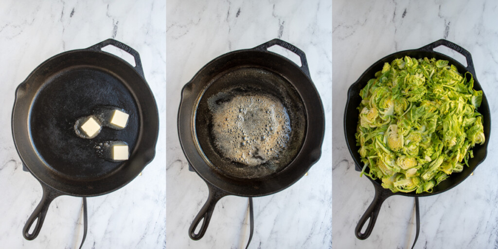 Collage showing the steps of making brussel sprouts au gratin with melted butter, and shredded brussel sprouts.