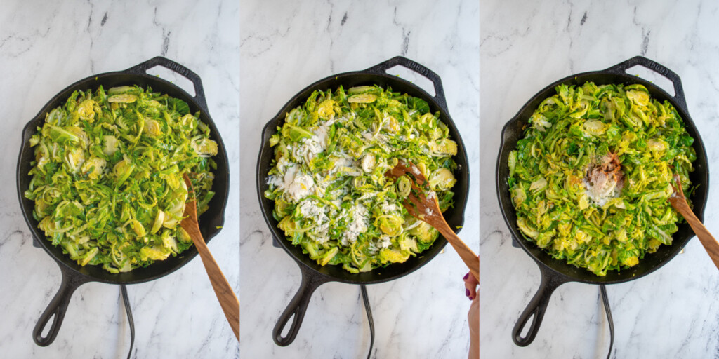 Collage showing the steps of making brussel sprouts au gratin with sautéd brussel sprouts, flour, and seasonings.