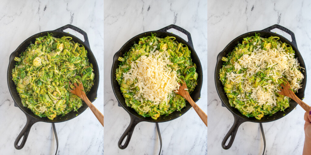 Collage showing the steps of making brussel sprouts au gratin with floured brussel sprouts and cheese getting added in.