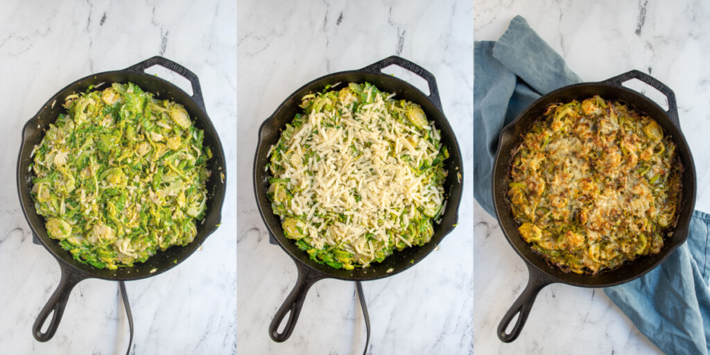 Collage showing the steps of making brussel sprouts au gratin with cream getting added to the brussel sprouts, extra cheese being placed on top, and the finished dish after cooking.