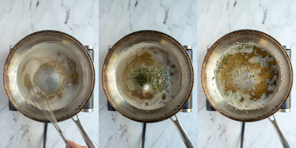Steps showing how to make the herbed brown butter for the savory tarte tatin.