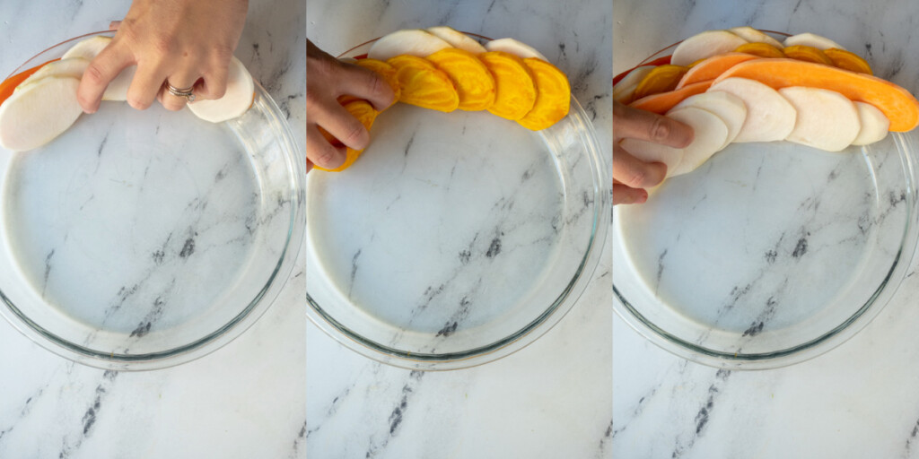 The beginning steps showing starting to make rows with the different colored root vegetables that have been cut thin with a mandoline slicer.