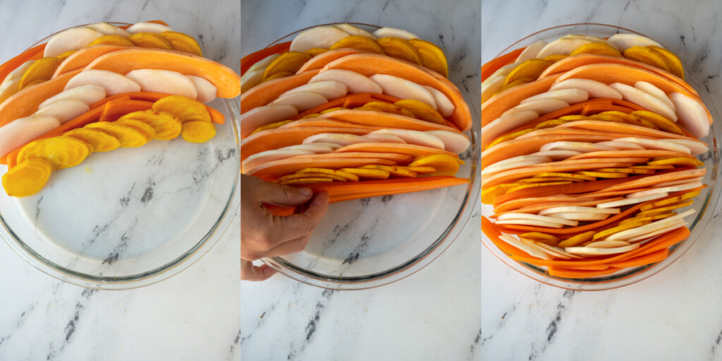 A collage of the root vegetable tarte tatin taking shape with the vegetables being carefully placed into vertical rows to make an impressive dish.