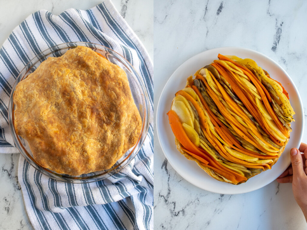 What the tarte tatin looks like out of the oven showing off a brown bumpy pie crust, and what it looks like flipped over showing the roasted vegetables in colorful lines.