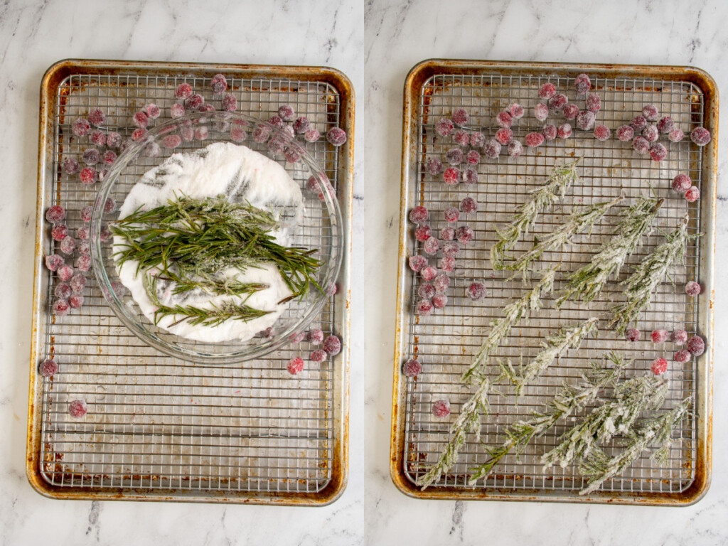 Steps to make the sugared cranberries and rosemary showing the rosemary being covered in sugar and everything drying.