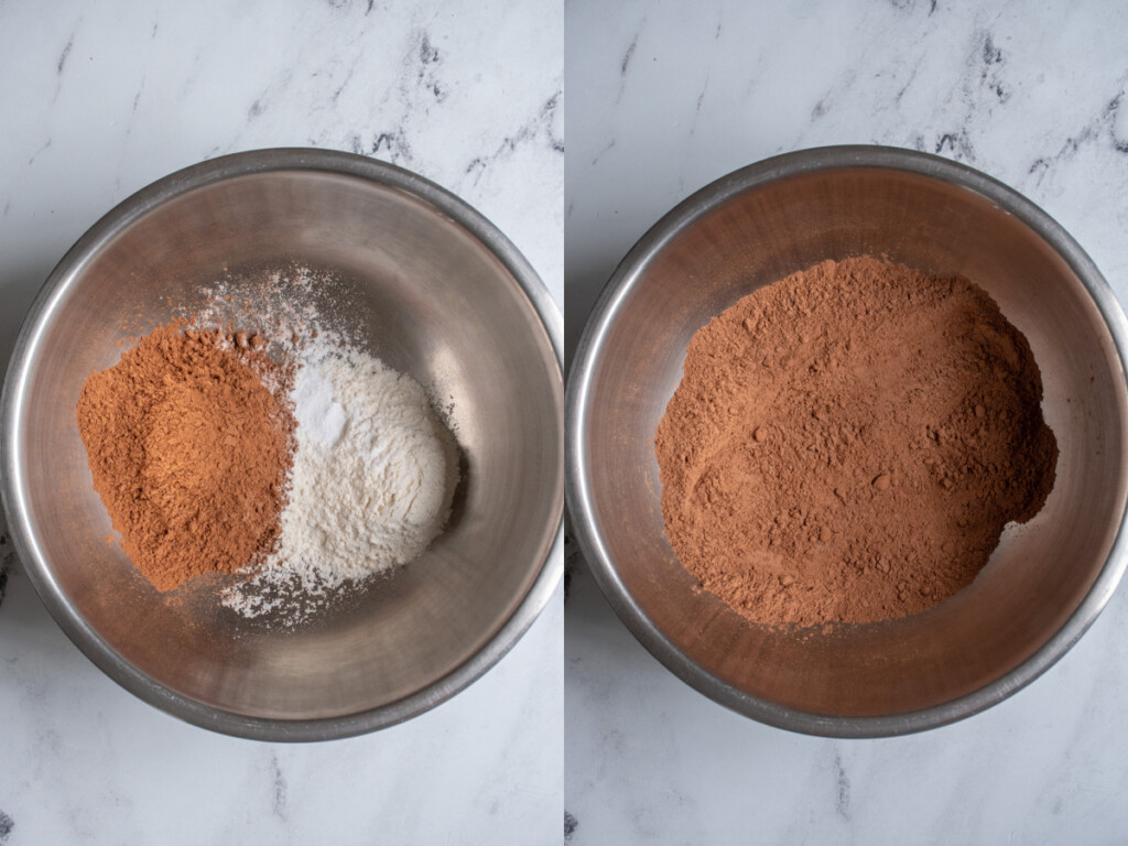 Yule Log Cake Steps showing the cocoa powder and flour being mixed together.