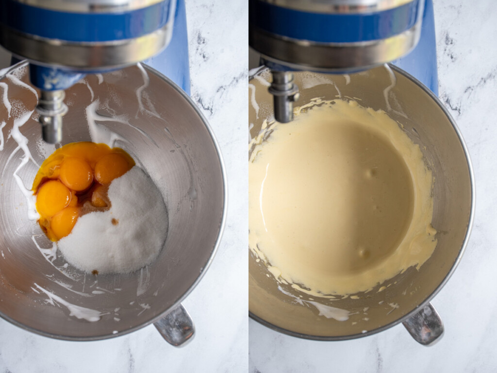 Yule Log Cake step showing the egg yolks being whisked together with sugar and vanilla.