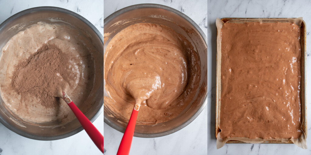 Yule Log Cake steps showing the cocoa flour mix being added and folded into the egg mixtures.