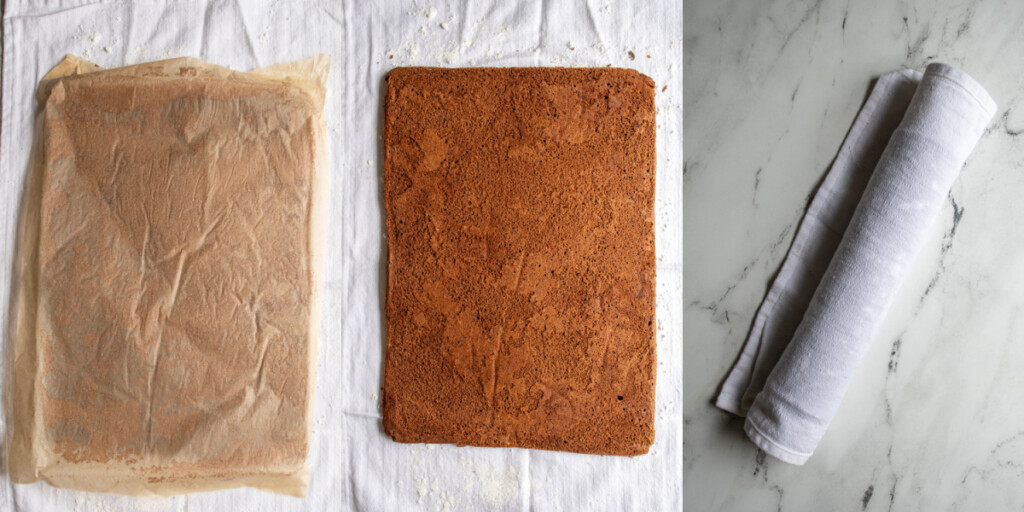 Yule Log Cake steps showing the warm cake being inverted on a kitchen towel and rolled up.