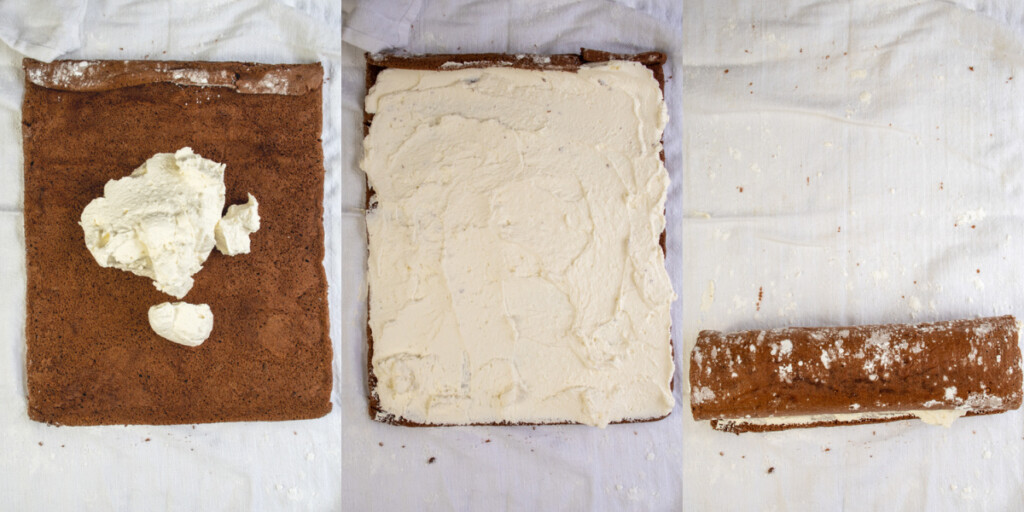 Yule Log Cake steps showing the cake unrolled and whipped cream spread out and then the cake rolled back up.