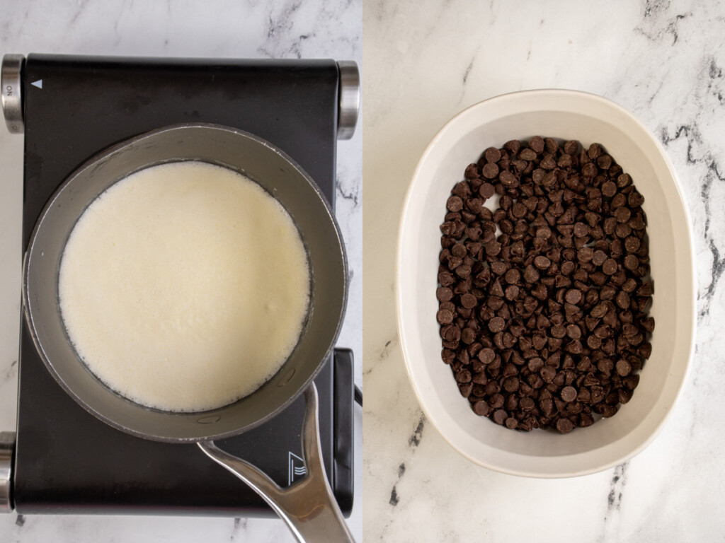 Yule Log Cake steps showing warming cream on a stovetop and a bowl of chocolate chips waiting.