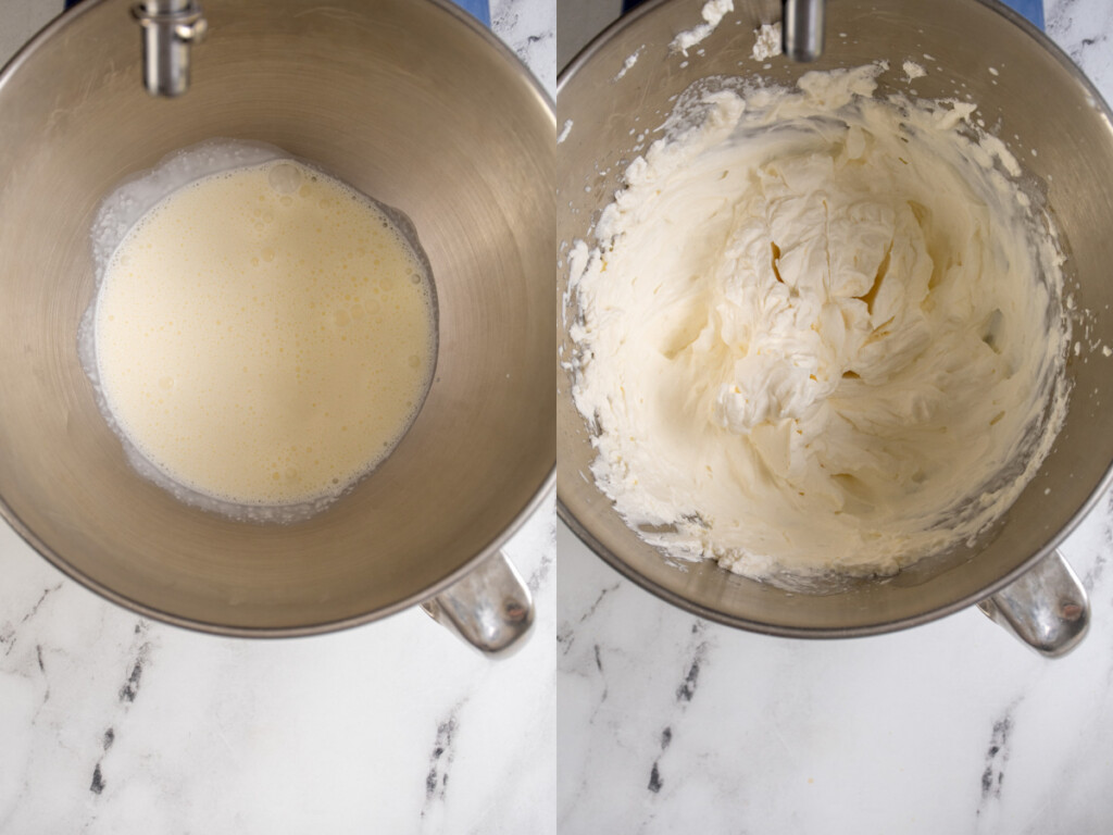 Yule Log steps showing whipping the whipped cream in a stand mixer for the filling.