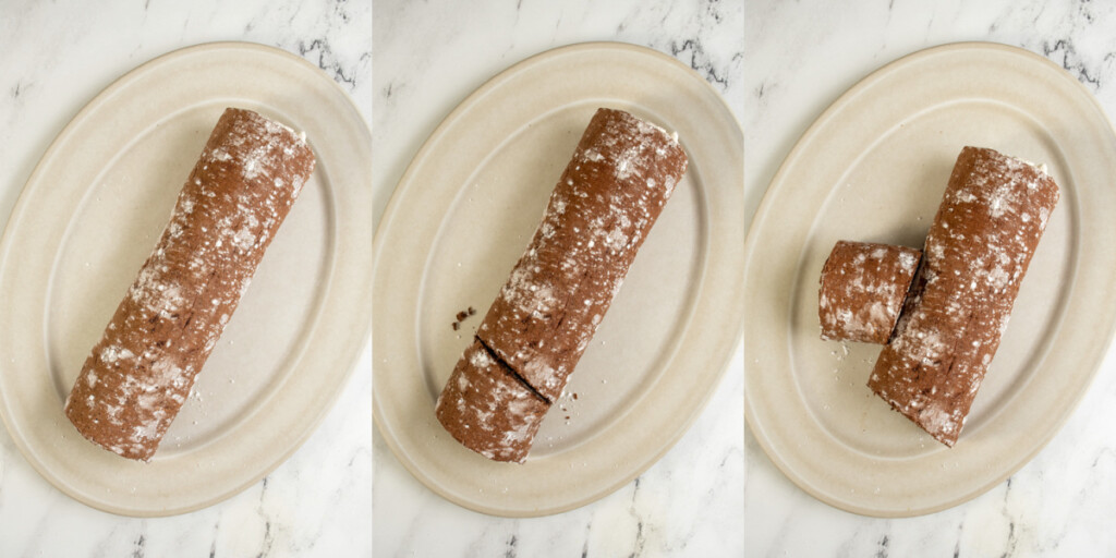 Yule Log step showing the rolled up cake on a platter, cutting off the end, and adding it for a branch.