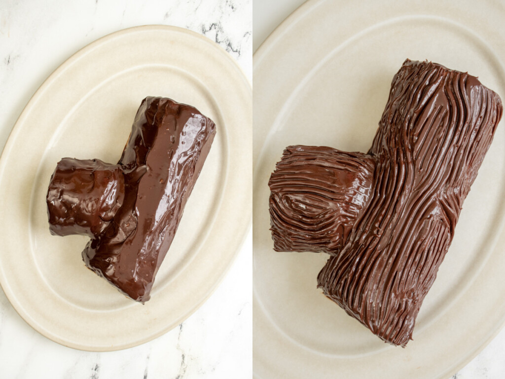 Yule Log Steps showing frosting the cake with ganache and using a fork to make the chocolate look like bark.