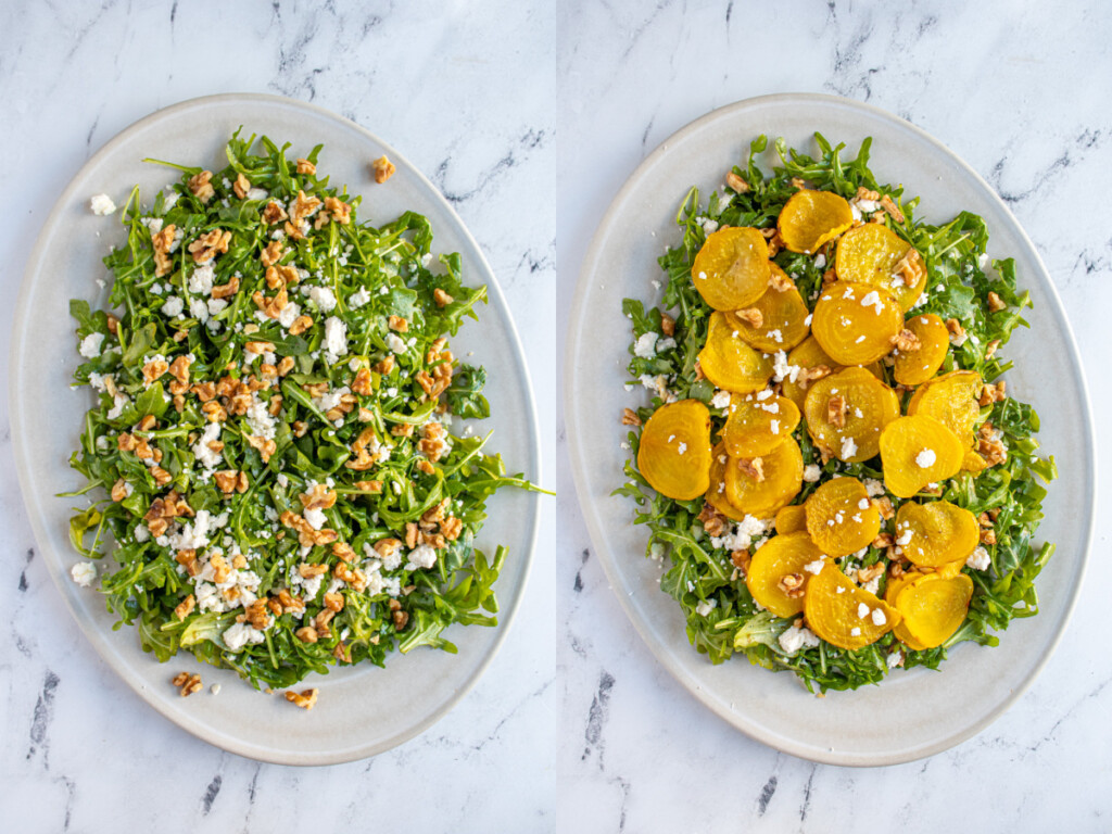 Steps two and three of building a golden beets salad adding the walnuts and roasted beets.