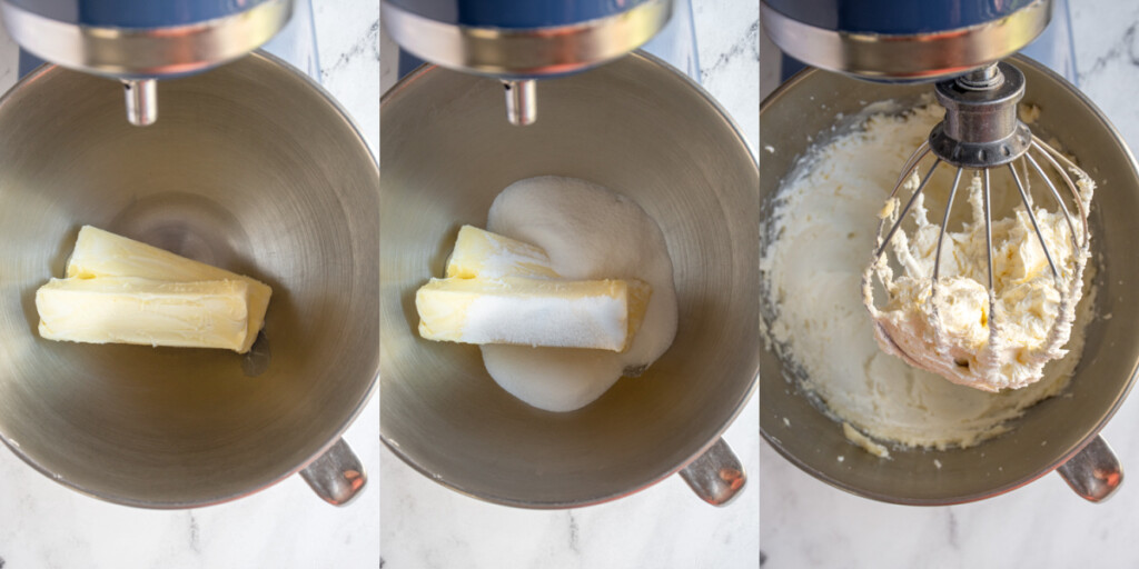 Bowl of a stand mixer showing butter, sugar, and being creamed together with the whisk attachment until pale and fluffy.