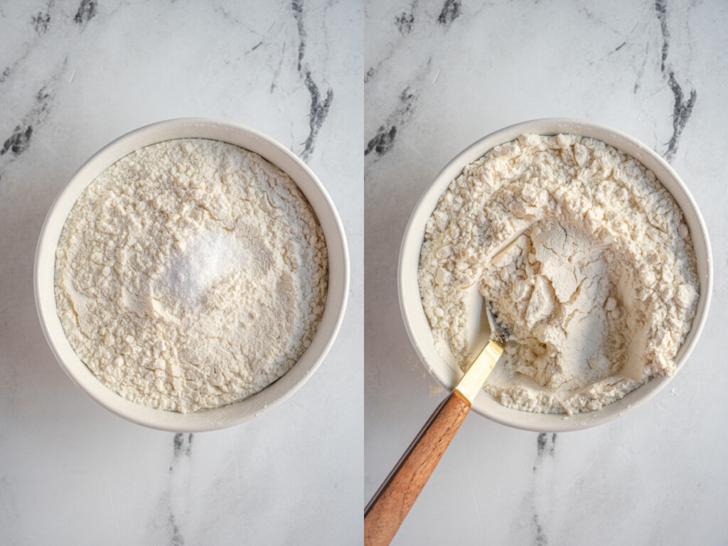 Collage showing mixing the flour and salt together.