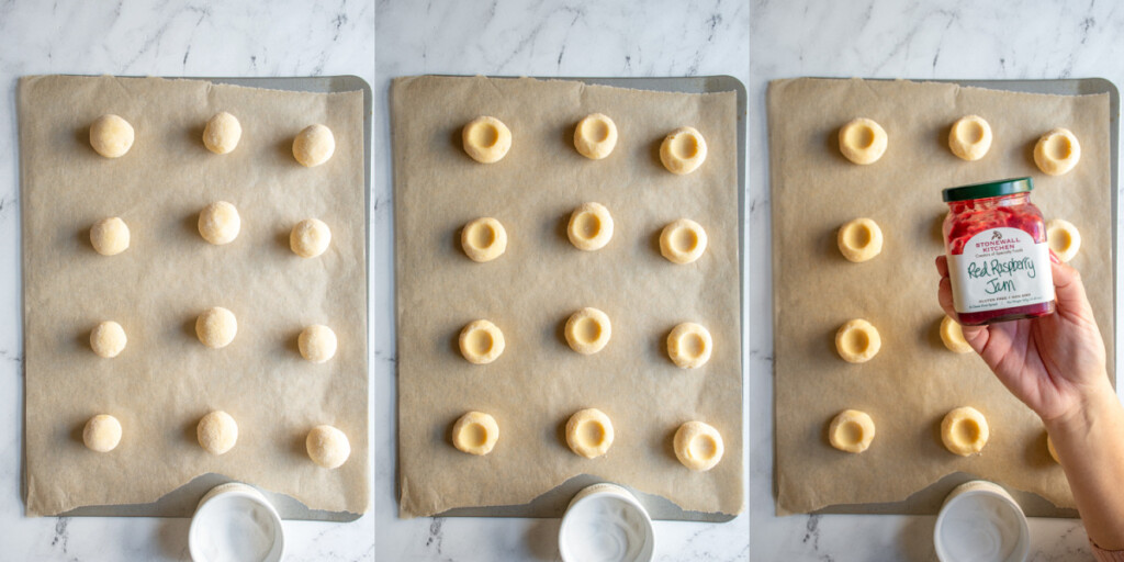 Collage showing the rolled cookies on parchment paper, and then indented, and the showing a jar of raspberry jam.