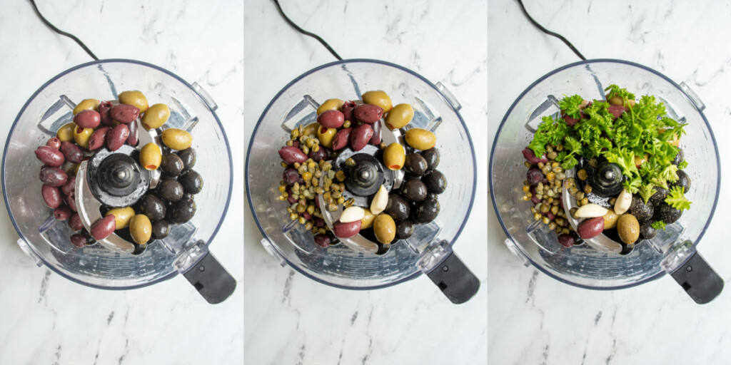 Collage of a food processor showing the ingredients for olive tapenade getting added to the processor including olives, garlic, capers, and parsley.