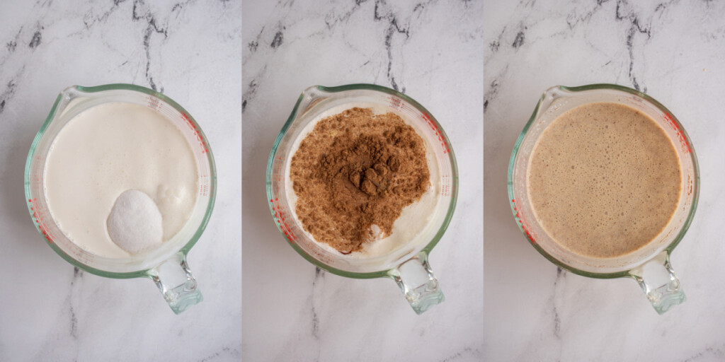 Collage showing the steps of adding all the ingredients to a measuring cup and mixing together to make the ice cream base.