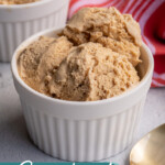 Pinterest Pin with text overlay "Gingerbread Ice Cream", image of a white bowl filled with light brown colored homemade gingerbread ice cream.