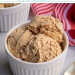 Pinterest Pin with text overlay "Gingerbread Ice Cream", image of a white bowl filled with light brown colored homemade gingerbread ice cream.