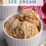 Pinterest Pin with text overlay "Gingerbread Ice Cream", image of a white bowl filled with light brown colored homemade gingerbread ice cream.