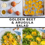 Pinterest pin with text "Golden Beet & Arugula Salad", image of a platter of arugula with roasted beets, walnuts, and feta cheese.