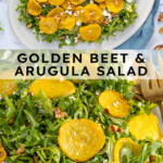 Pinterest pin with text "Golden Beet & Arugula Salad", image of a platter of arugula with roasted beets, walnuts, and feta cheese.