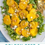 Pinterest pin with text "Golden Beet & Arugula Salad", image of a platter of arugula with roasted beets, walnuts, and feta cheese.