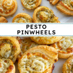 Pinterest pin with text 'Pesto Pinwheels', image of a pesto puff pastry pinwheel on a platter.