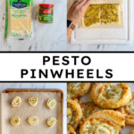Pinterest pin with text 'Pesto Pinwheels', image of a pesto puff pastry pinwheel on a platter.