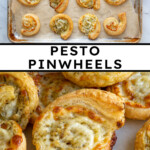 Pinterest pin with text 'Pesto Pinwheels', image of a pesto puff pastry pinwheel on a platter.